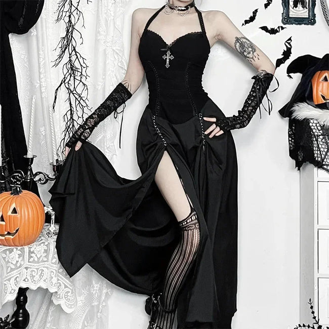 Dark Lace Patchwork Long Dress Beige / XS Main image