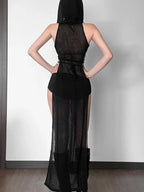 Transparent Excavated Hooded Full-Length Dress