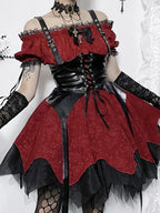 Lace Patchwork Puff Mini Dress red / S