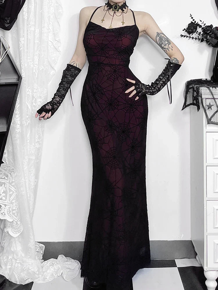 Antique Gloomy Arachnid Net High Waist Full-Length Dress