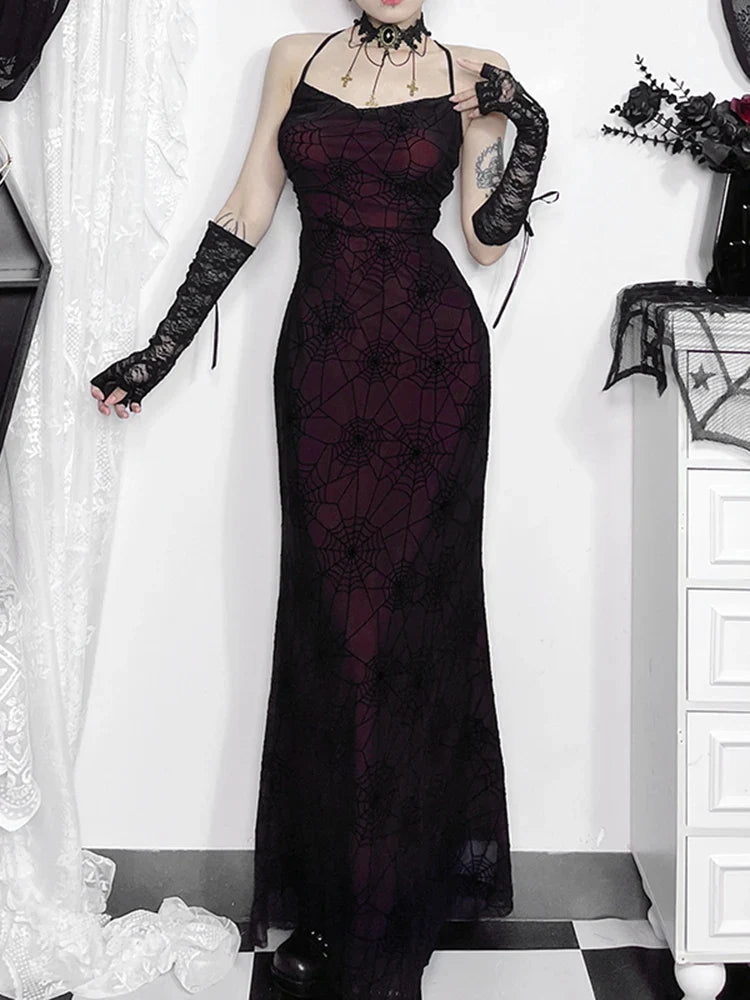 Antique Gloomy Arachnid Net High Waist Full-Length Dress Red / S