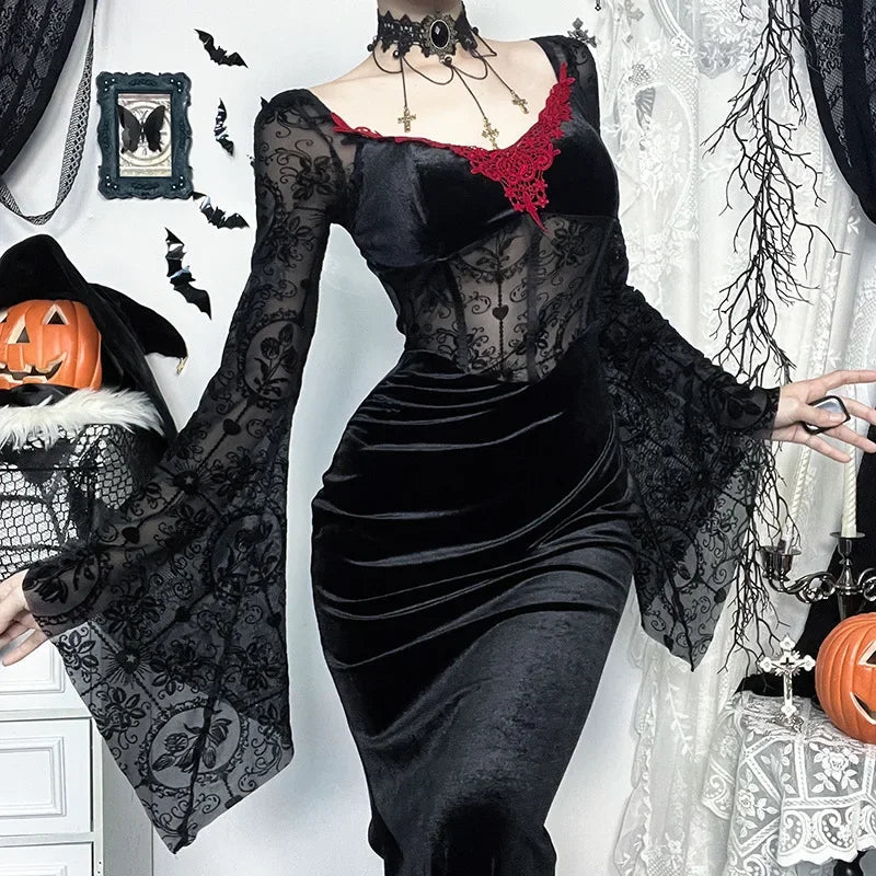 Furry Cloth Vampire Fashion Long Dress Black / XS