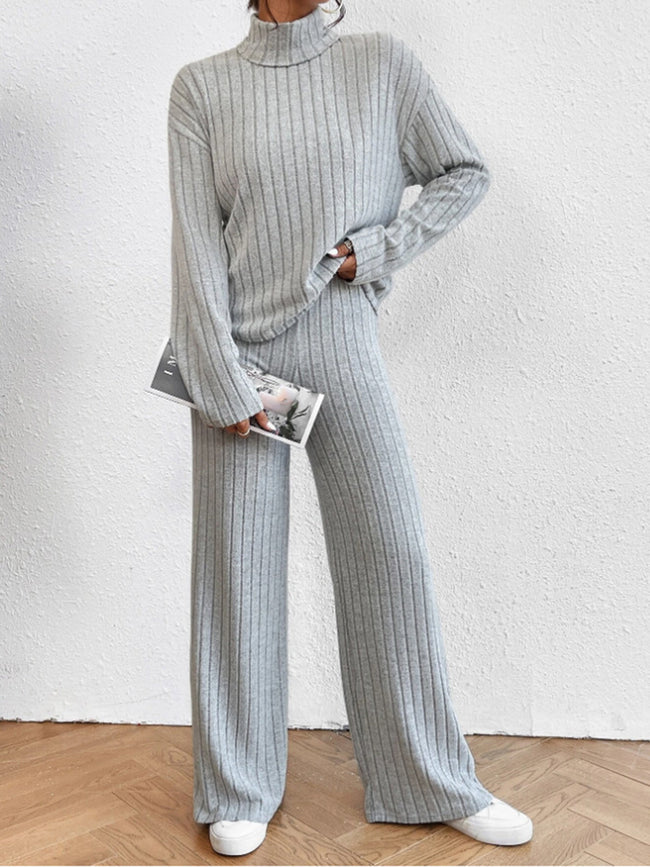 Mock Neck Ribbed Cozy Pants Set Grey / XS Pant Sets Main image
