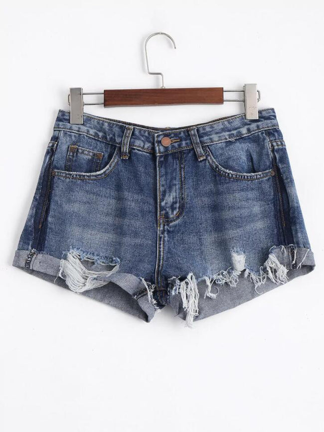 Polyester Denim Cotton Shorts with Distressed Details Main image