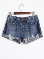 Polyester Denim Cotton Shorts with Distressed Details