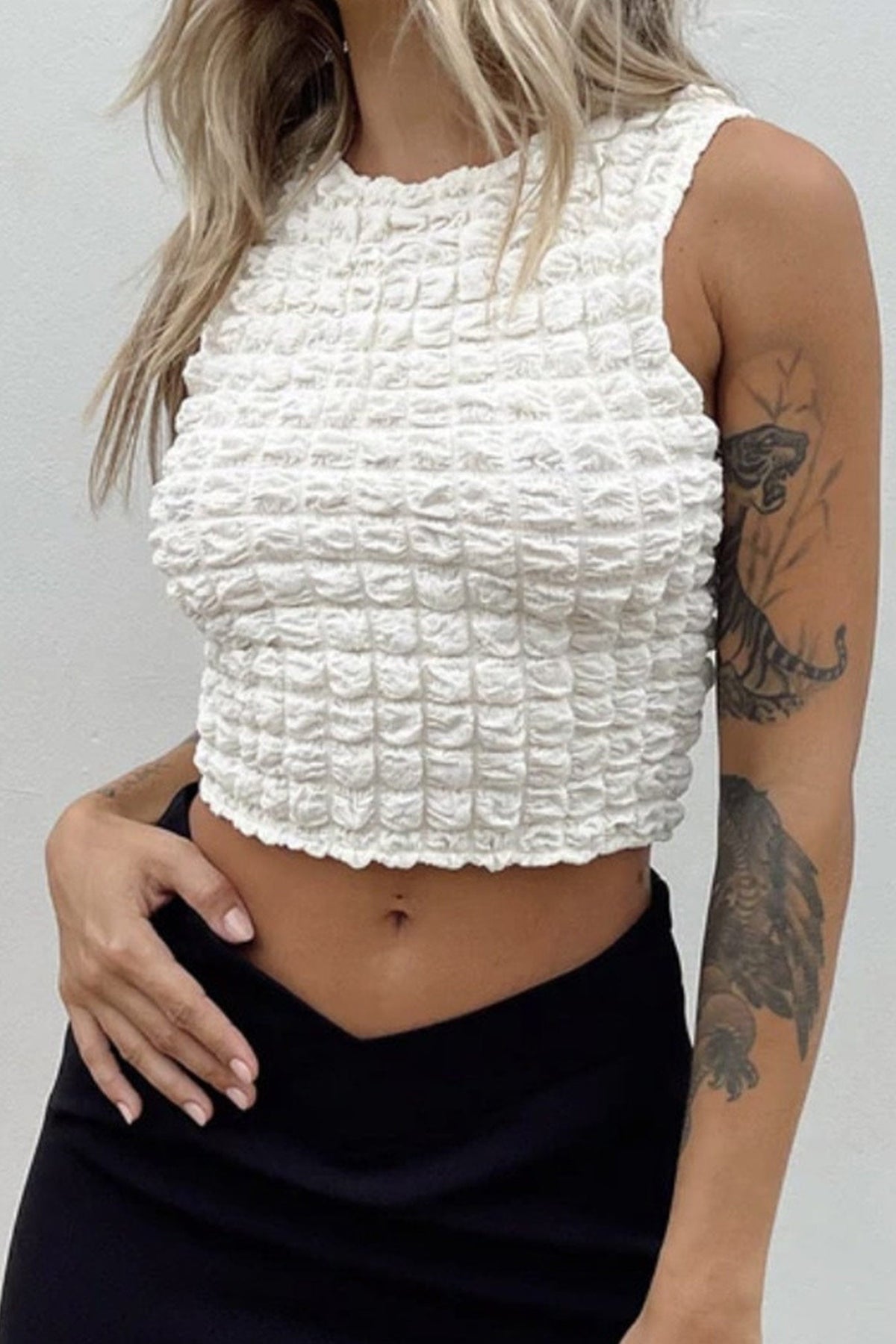 Textured Cropped Tank Top in Beige