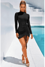 Black Crew-Neck Slim-Fit Dress with Long Sleeves