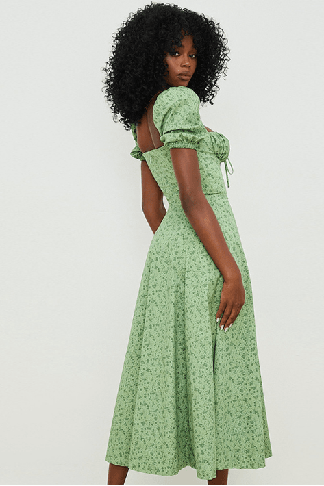 Square-Neck Midi Dress with Puff Sleeves
