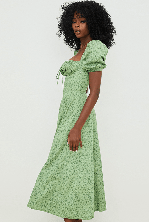 Square-Neck Midi Dress with Puff Sleeves