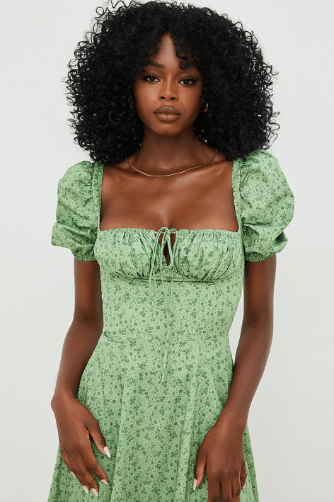 Square-Neck Midi Dress with Puff Sleeves