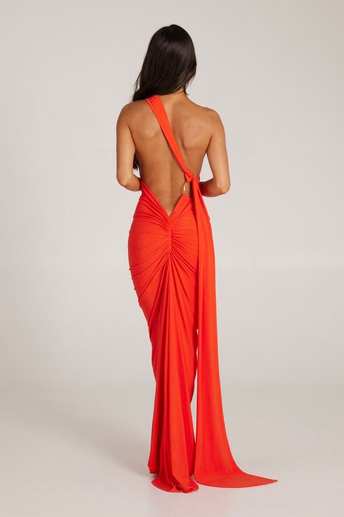 Polyester Stretch-Blend Maxi Dress with Layered Details