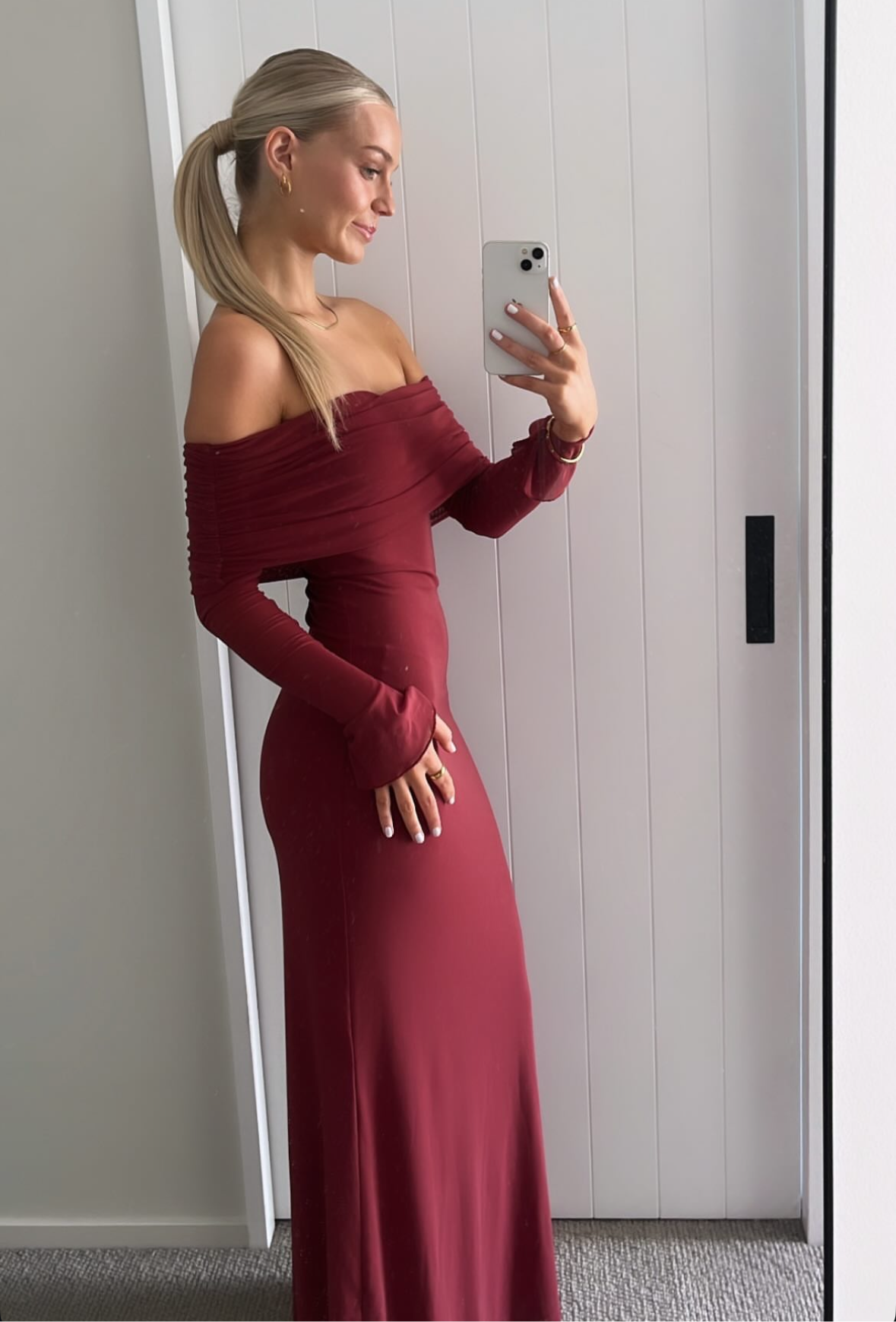 Off-Shoulder Bodycon Maxi Dress with Mesh Layer