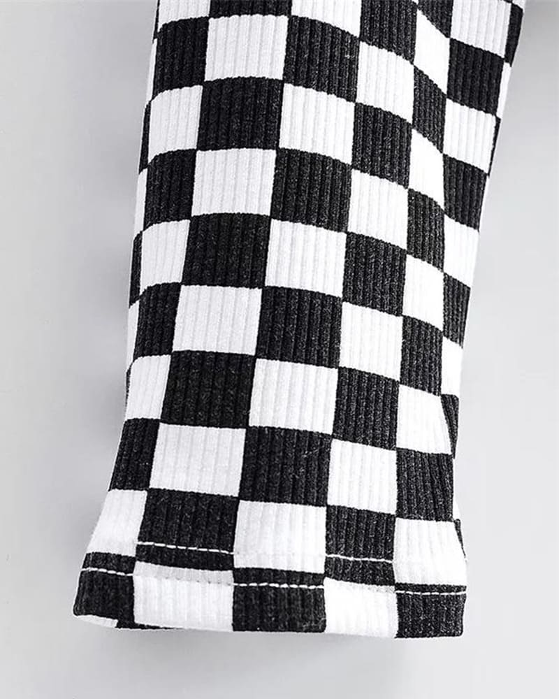 Checkerboard Polyester Cropped Top with Flag Graphics