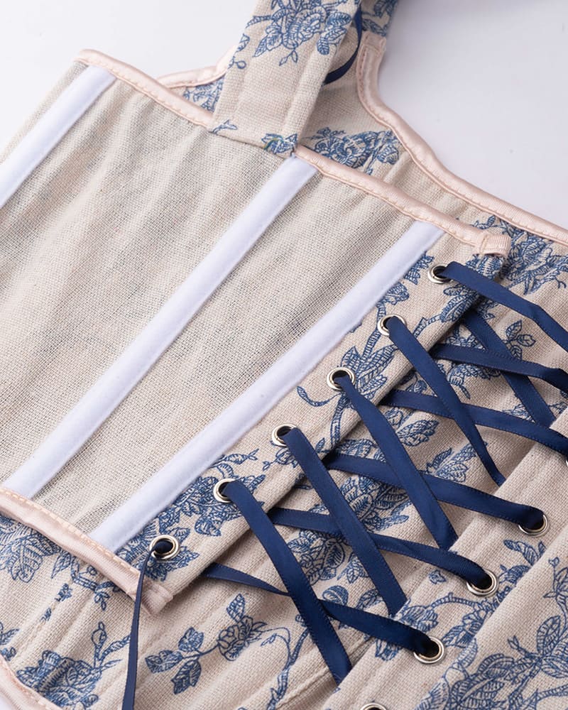Blue Cotton Corset Top with Floral Details