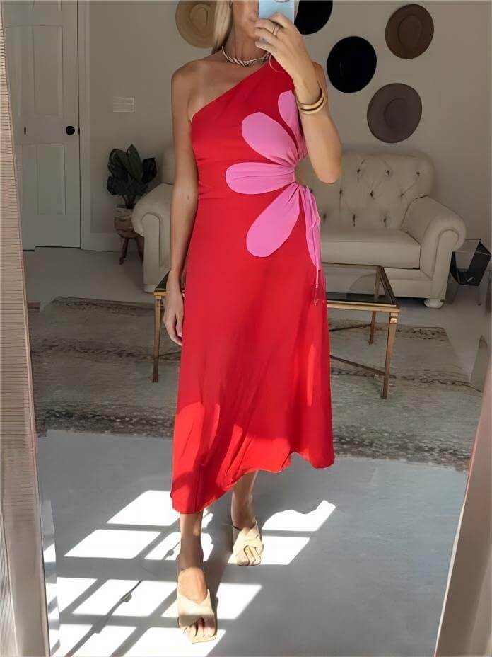 Floral Midi Dress with Off-Shoulder Neckline
