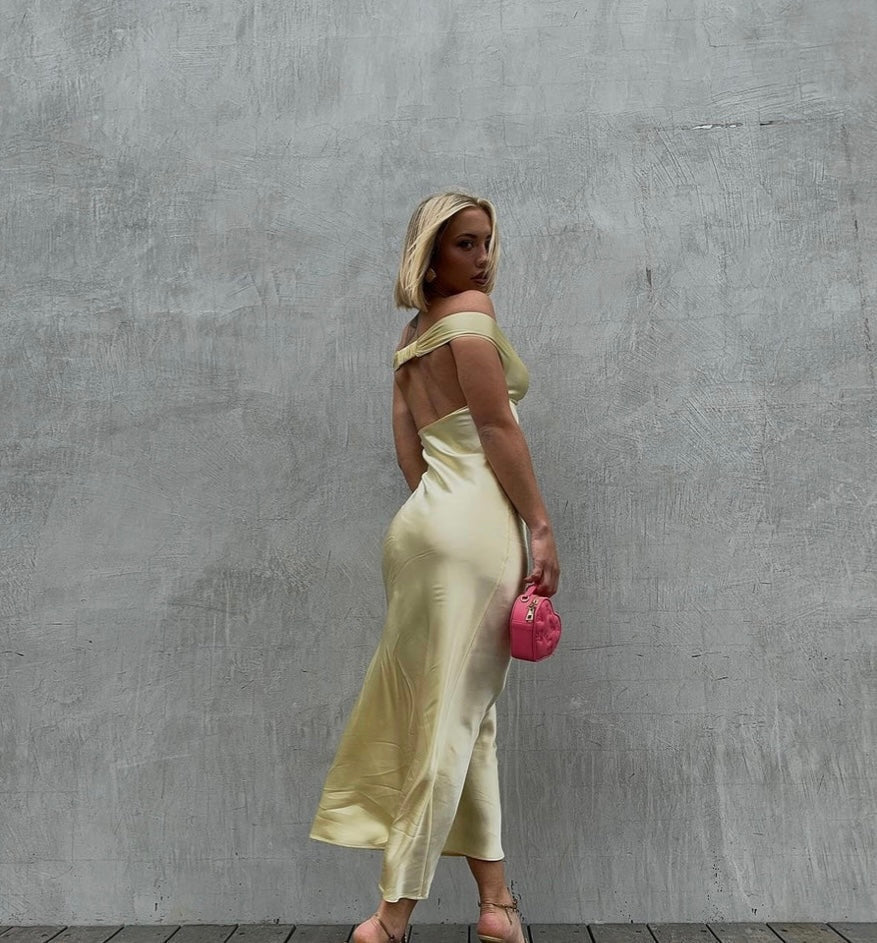 Off-Shoulder Silk Dress with Elasticated Back