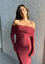 Off-Shoulder Bodycon Maxi Dress with Mesh Layer