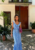 Ruffled Plunging V-Neck Maxi Dress with Embroidery