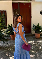Ruffled Plunging V-Neck Maxi Dress with Embroidery