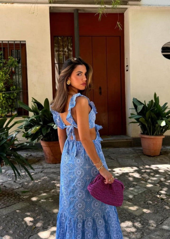 Ruffled Plunging V-Neck Maxi Dress with Embroidery