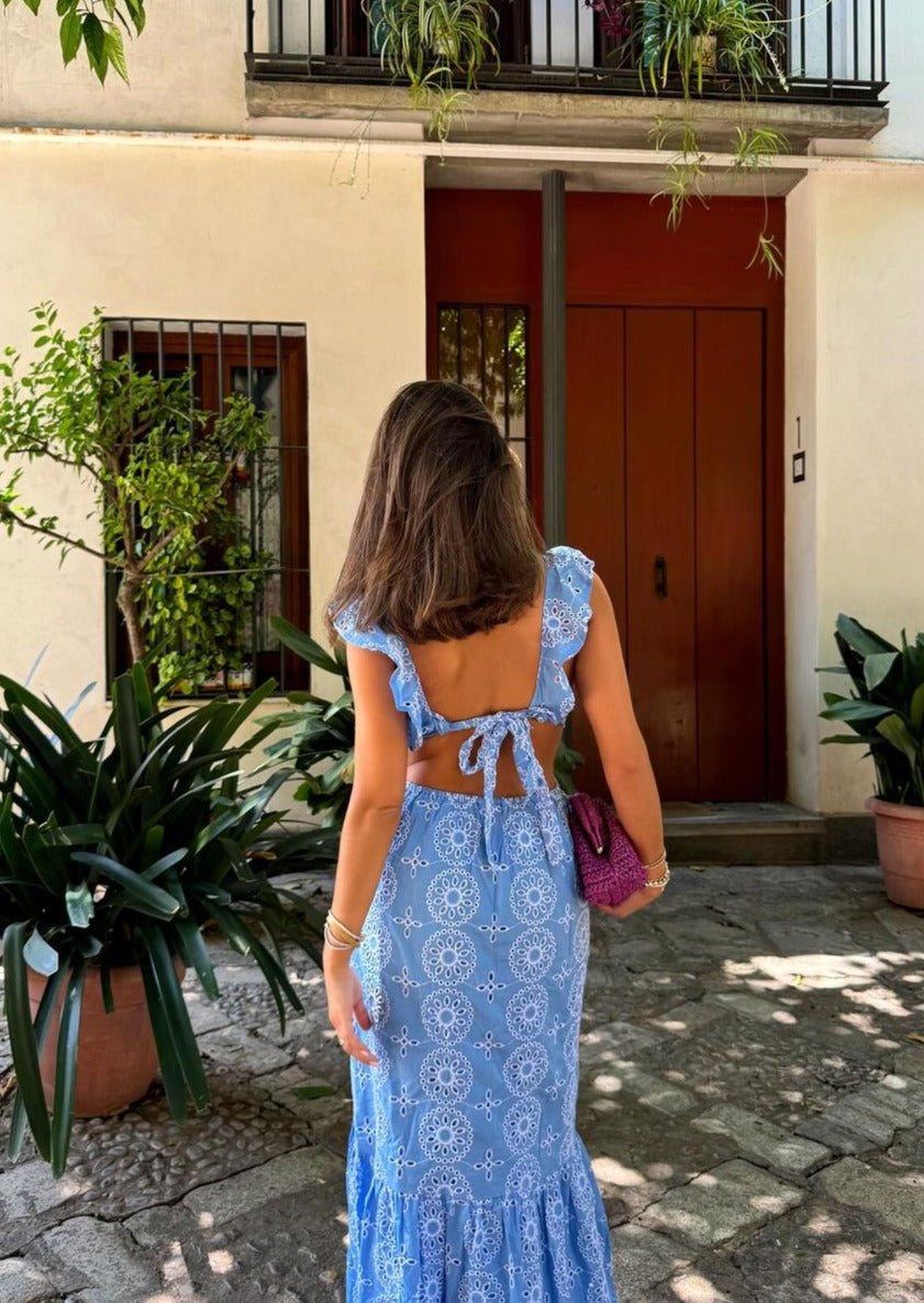 Ruffled Plunging V-Neck Maxi Dress with Embroidery