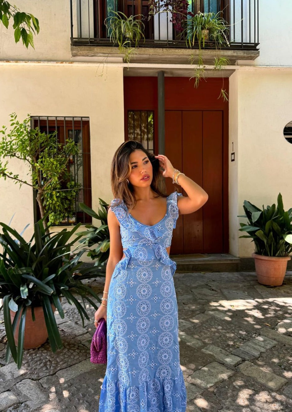Ruffled Plunging V-Neck Maxi Dress with Embroidery
