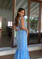 Ruffled Plunging V-Neck Maxi Dress with Embroidery
