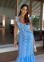 Ruffled Plunging V-Neck Maxi Dress with Embroidery