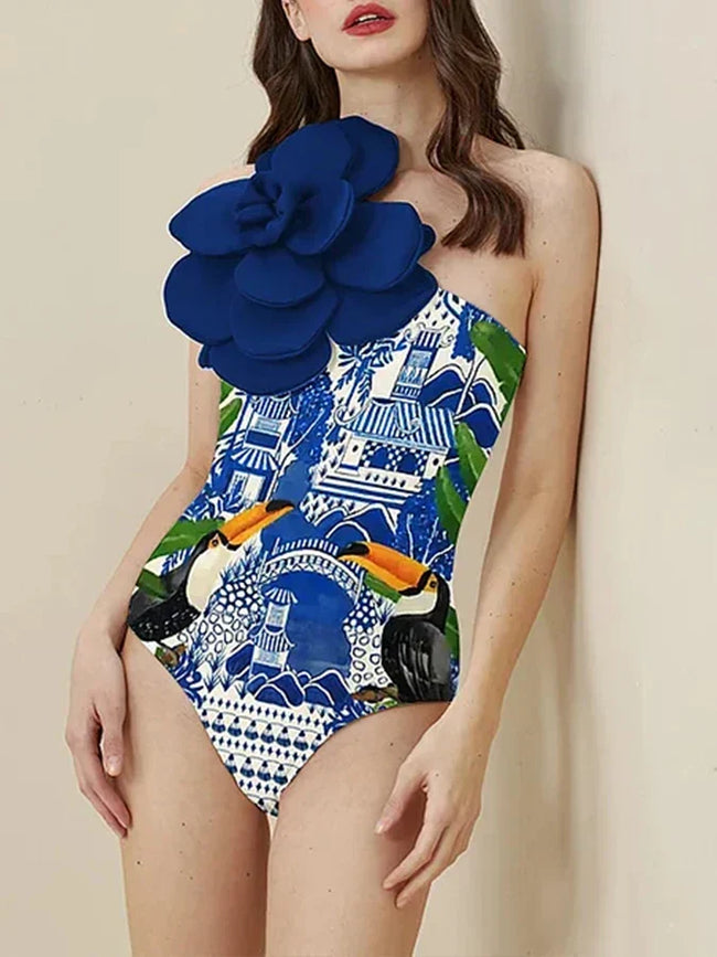 Blue Floral Decoration One Piece Swimsuit Blue / S onepiece-250223 Main image