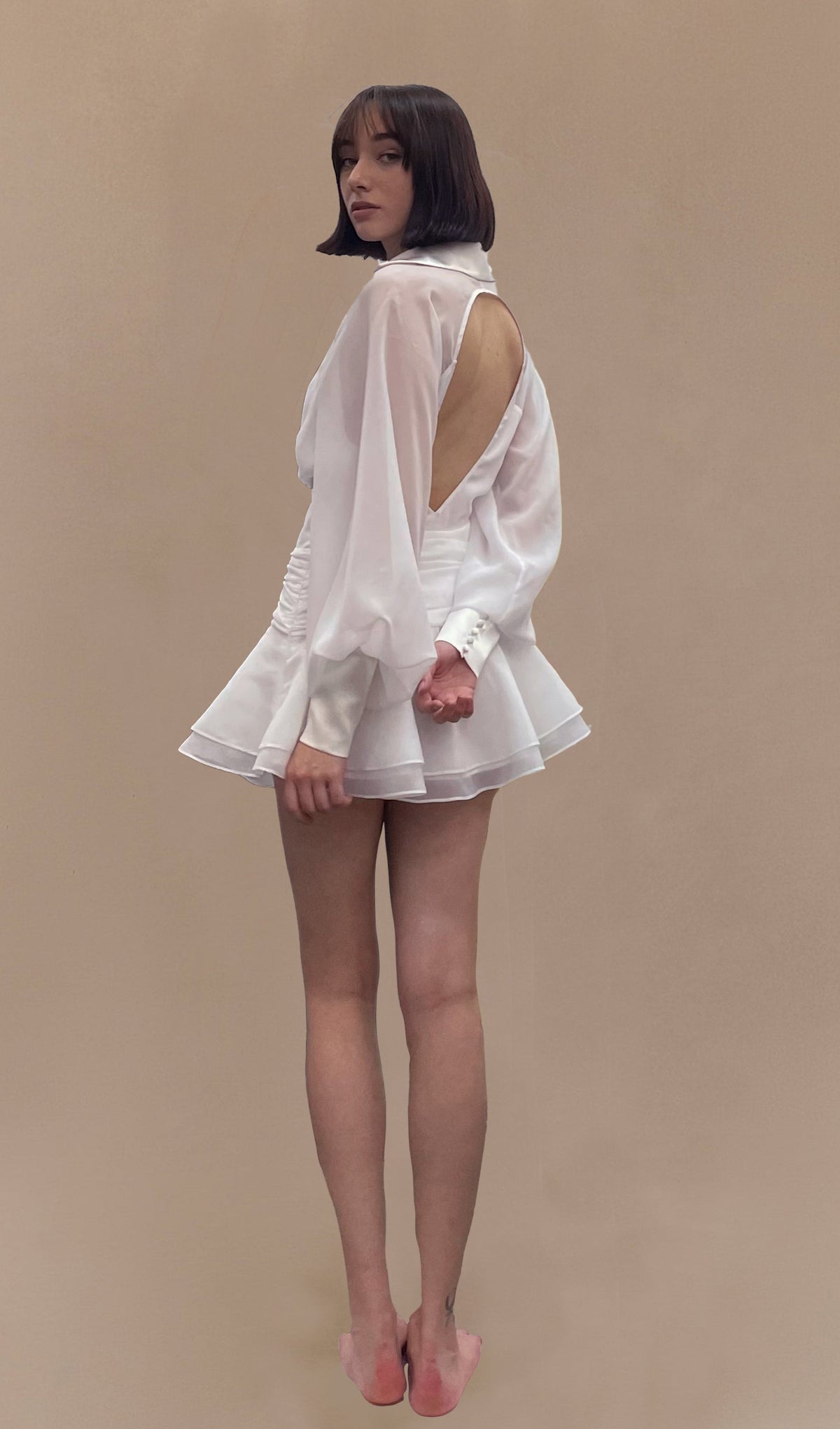 Short Silk Dress with Lantern Sleeves