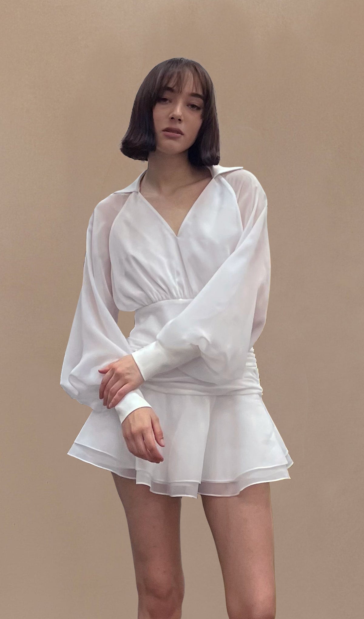 Short Silk Dress with Lantern Sleeves