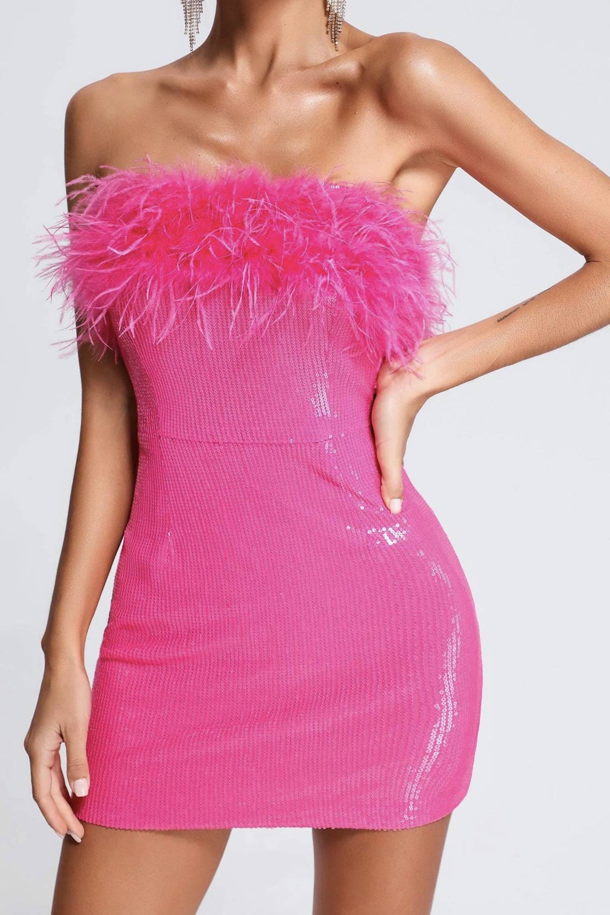 Solid-Color Strapless Sequined Dress