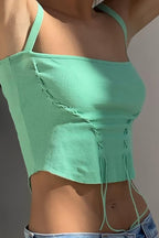Square-Neck Green Cropped Top with Drawstring Detail