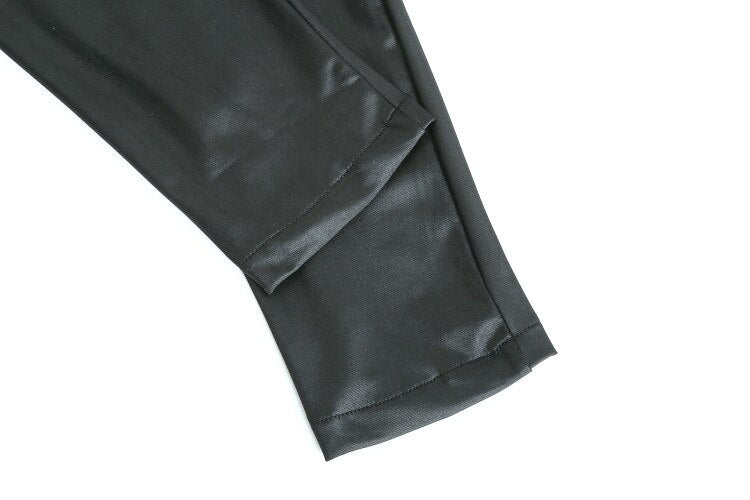 Faux-Leather High-Rise Pencil-Cut Pants with Button Details