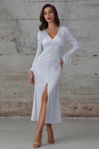 Long-Sleeve Polyester Maxi Dress with Plaid Patterning
