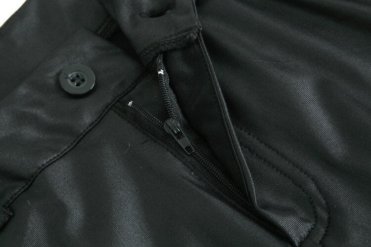 Faux-Leather High-Rise Pencil-Cut Pants with Button Details