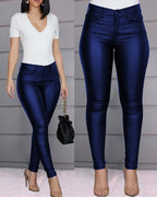 Faux-Leather High-Rise Pencil-Cut Pants with Button Details