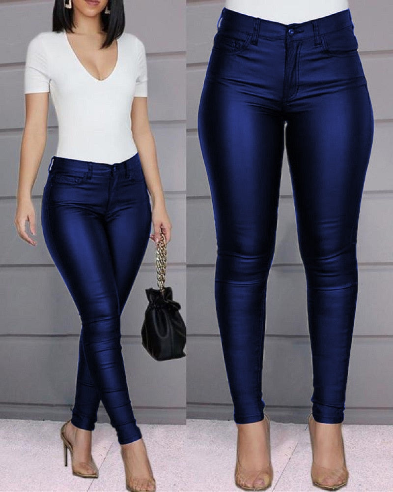 Faux-Leather High-Rise Pencil-Cut Pants with Button Details