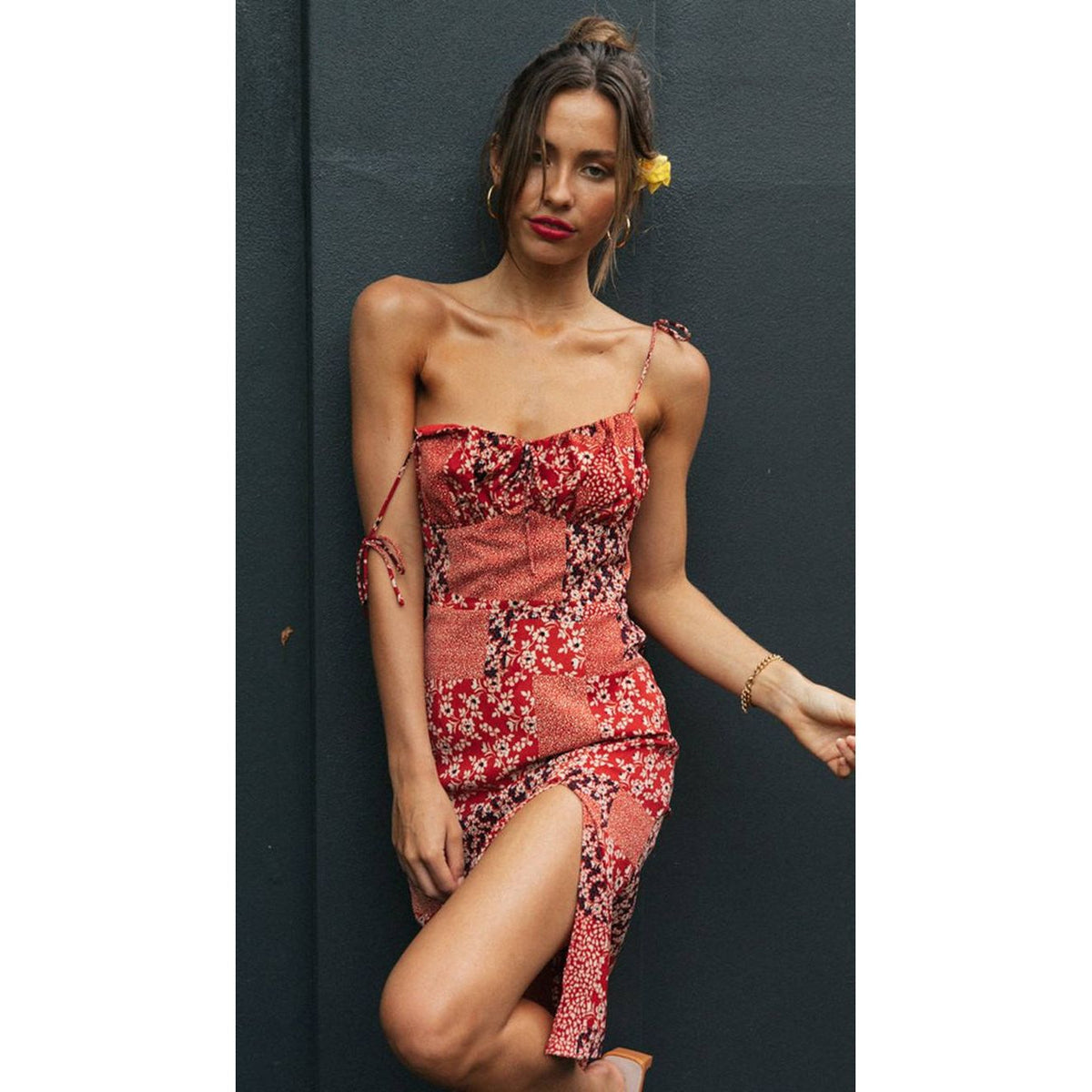 Panelled Adjustable-Strap Dress with V-Neckline