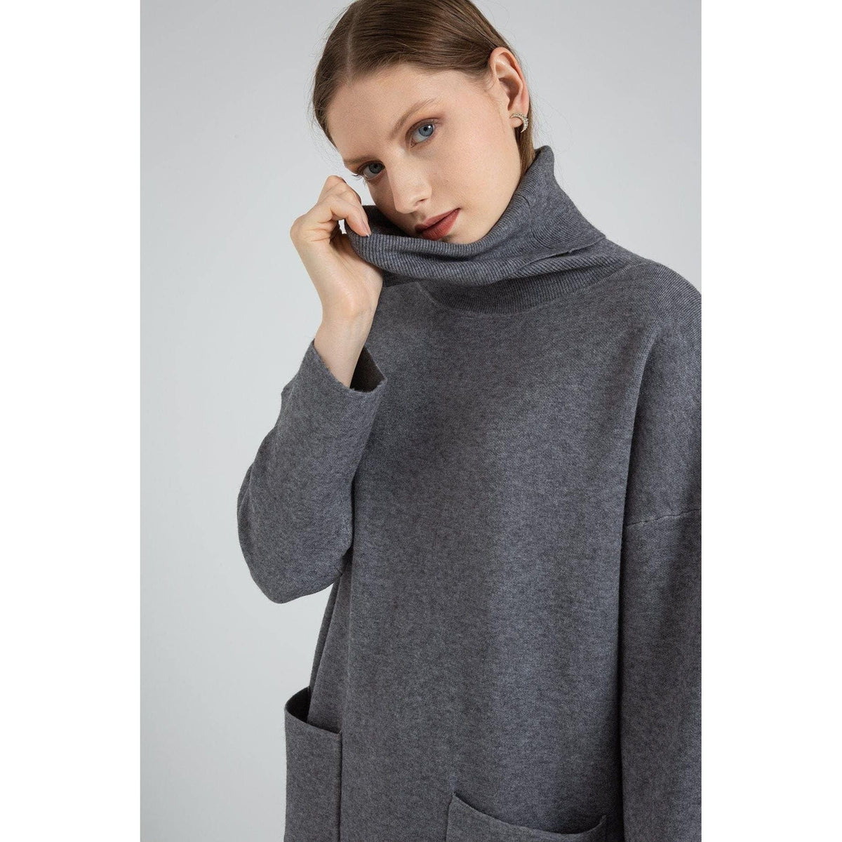 High-Neck Polyester Sweater Dress with Long Sleeves