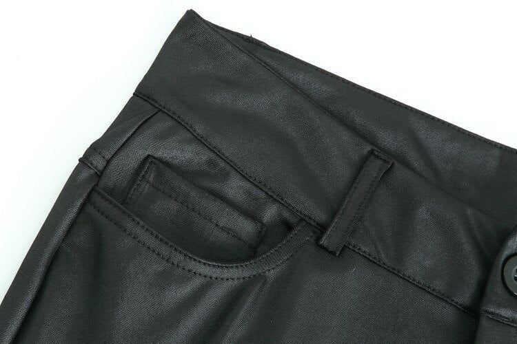 Faux-Leather High-Rise Pencil-Cut Pants with Button Details