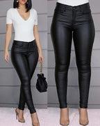 Faux-Leather High-Rise Pencil-Cut Pants with Button Details