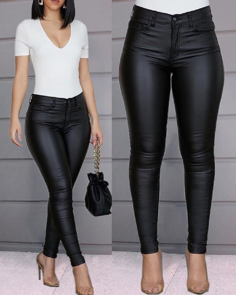 Faux-Leather High-Rise Pencil-Cut Pants with Button Details