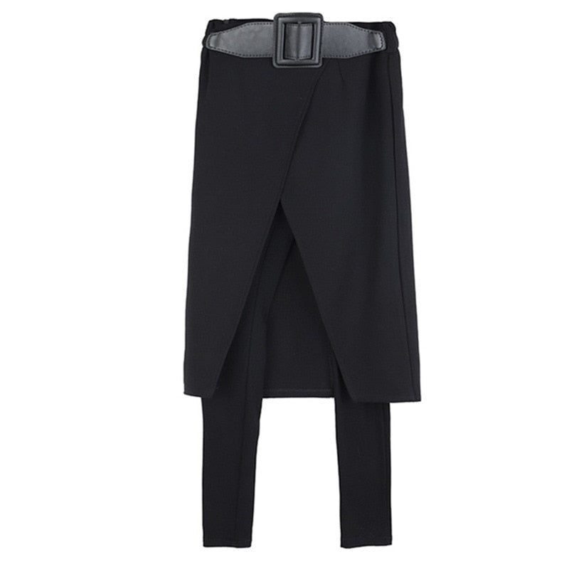 Black Pencil-Cut Skirted Pants with Stretch Detail