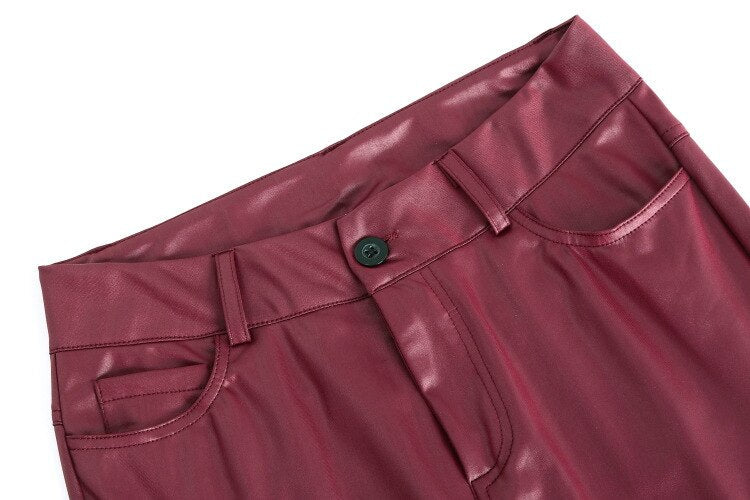 Faux-Leather High-Rise Pencil-Cut Pants with Button Details