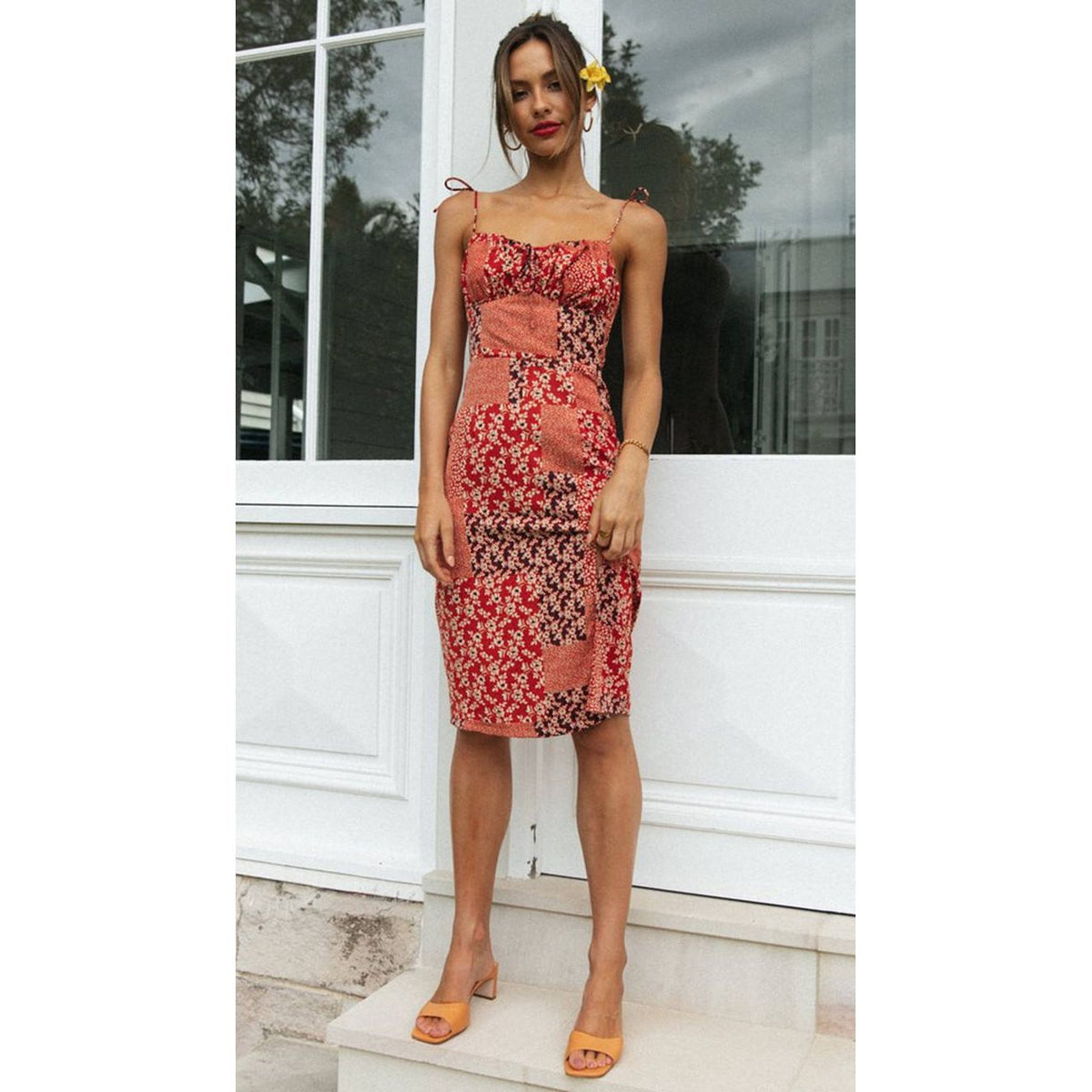 Panelled Adjustable-Strap Dress with V-Neckline