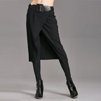 Black Pencil-Cut Skirted Pants with Stretch Detail