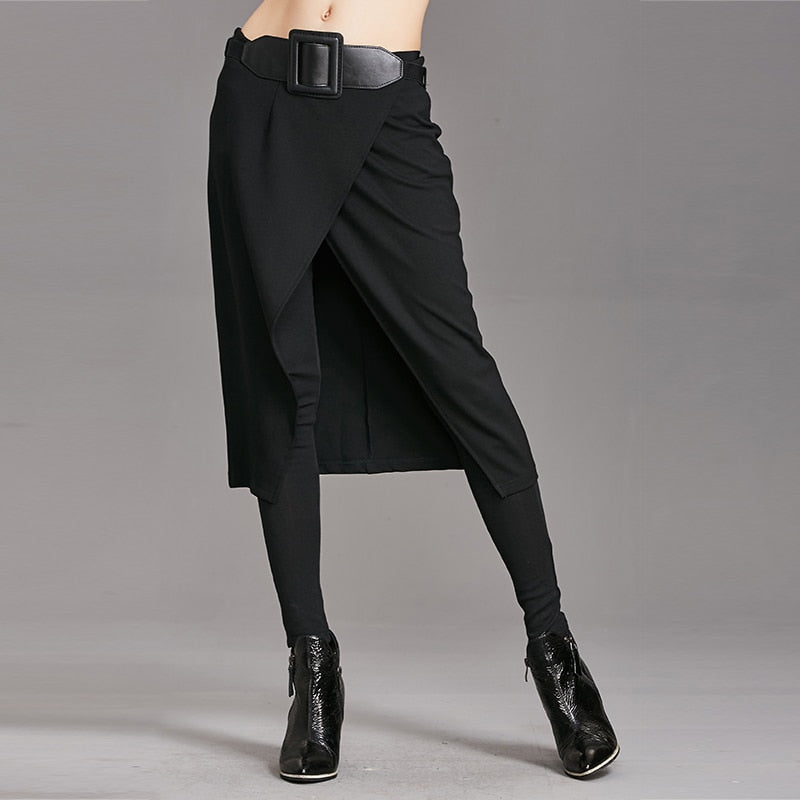 Black Pencil-Cut Skirted Pants with Stretch Detail