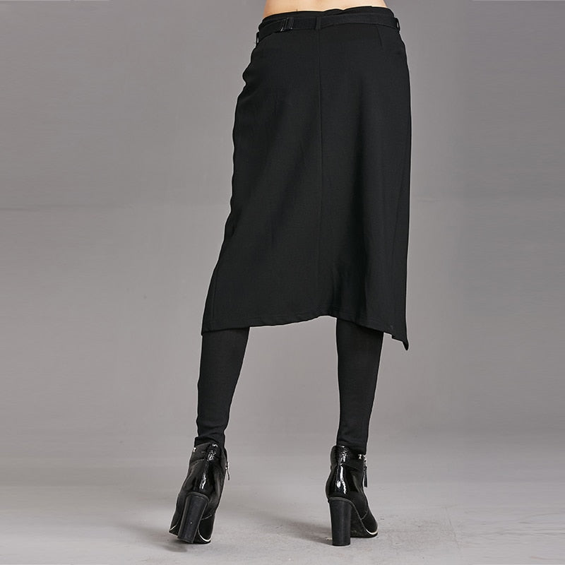 Black Pencil-Cut Skirted Pants with Stretch Detail