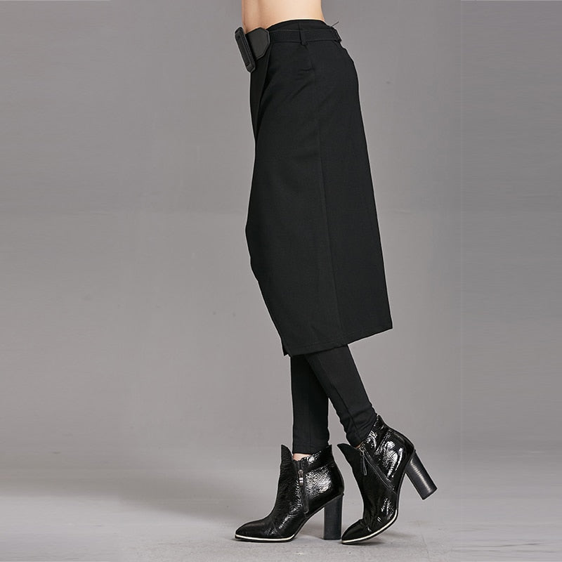 Black Pencil-Cut Skirted Pants with Stretch Detail